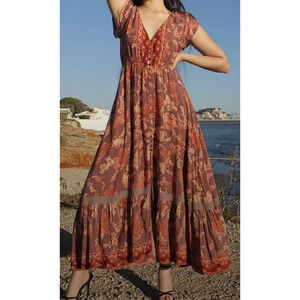 Jasse Dress Womens Medium Purple Floral Boho Maxi V Neck Ruffle Hem Lace Trim